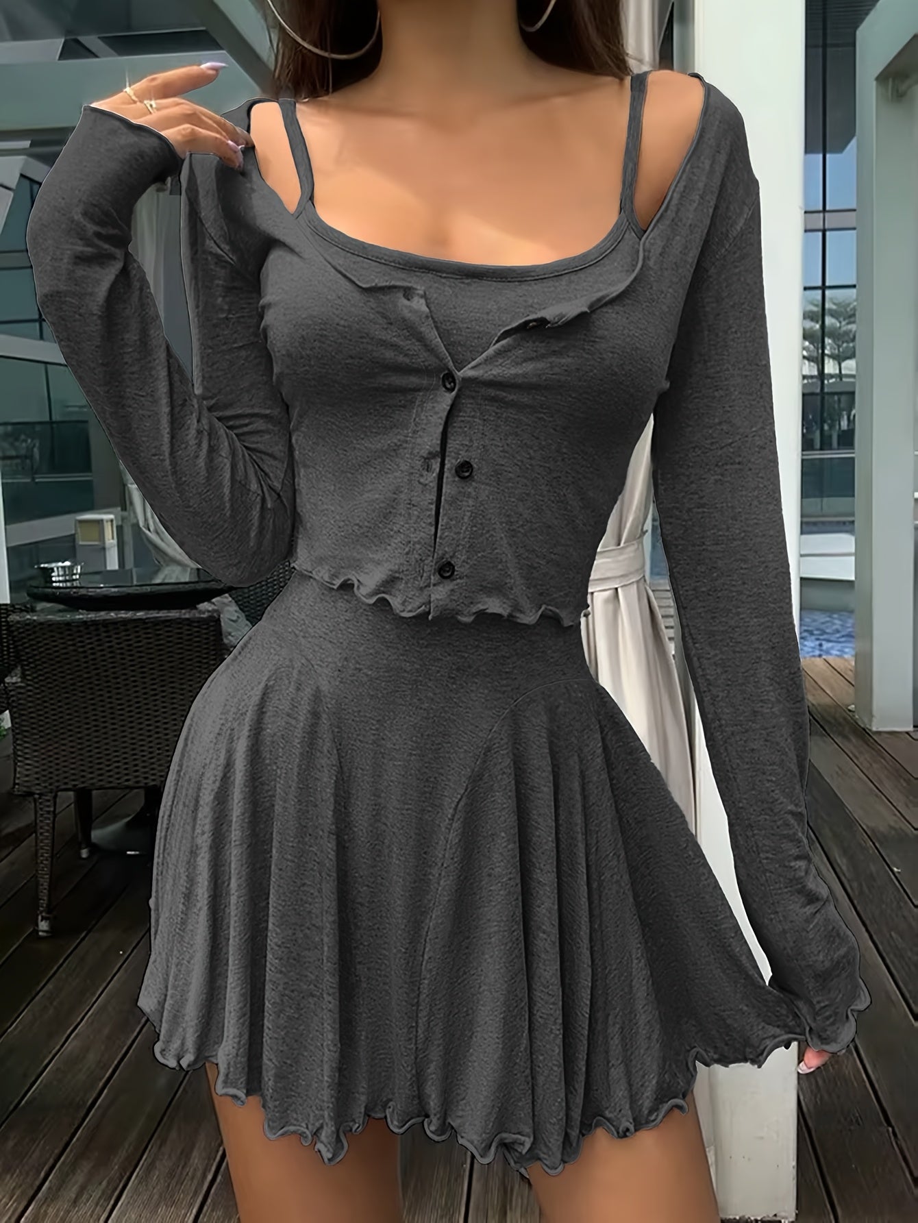 Women's Two-Piece Casual Retro Floral Gray Sleeveless Button- Dress Set
